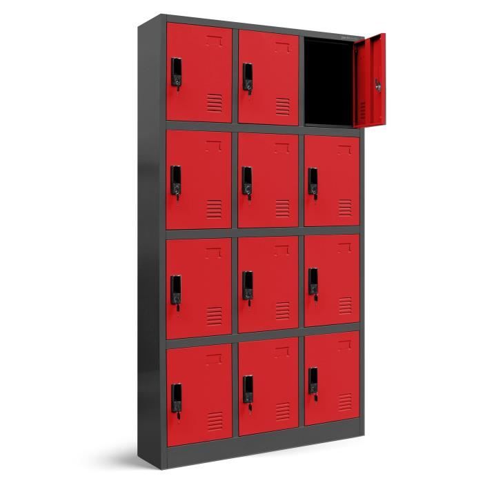 armoire vestiaire 3b4a armoire métallique casier 12 compartiments en tôle d'acier thermolaquée 185 cm x 90 cm x 40 cm rouge