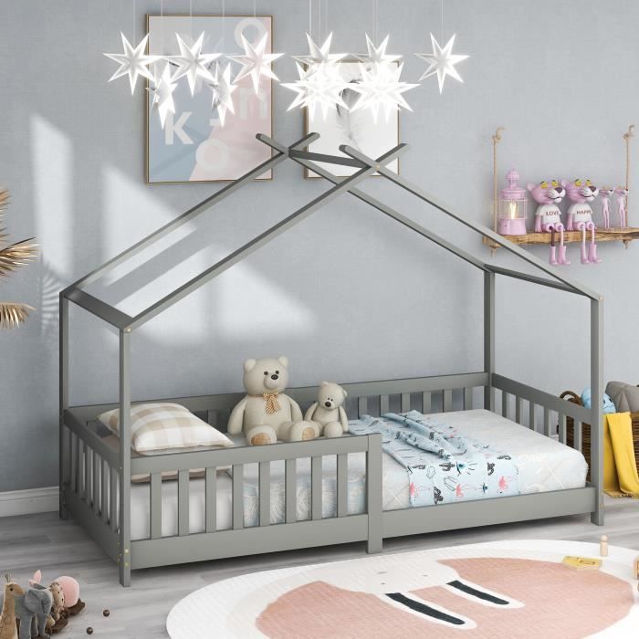 Lit cabane enfant 90 x 200 cm pour enfant - bois pin massif - sommier inclus avec des Barrière de protection - Gris Lit cabane enfant 90 x 200 cm pour enfant - bois pin massif - sommier inclus avec des Barrière de protection - Gris
