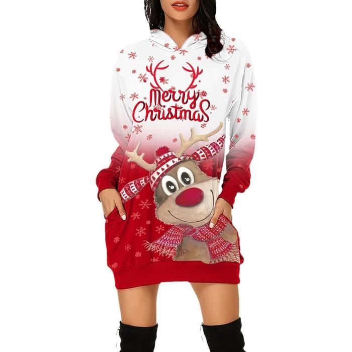 Robes de Noel pour Femmes Robe legere a Capuche Manches Longues et Poches imprime de Noel pour Femmes Bonhomme de Neige rouge Rouge Cdiscount Pret a Porter