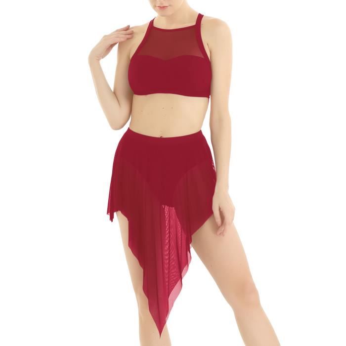 RUNQHUI Ensemble Danse Fille Contemporaine Asymétrique - Crop Top & Jupe Scintillante Jazz Latine, 3-16 Ans
