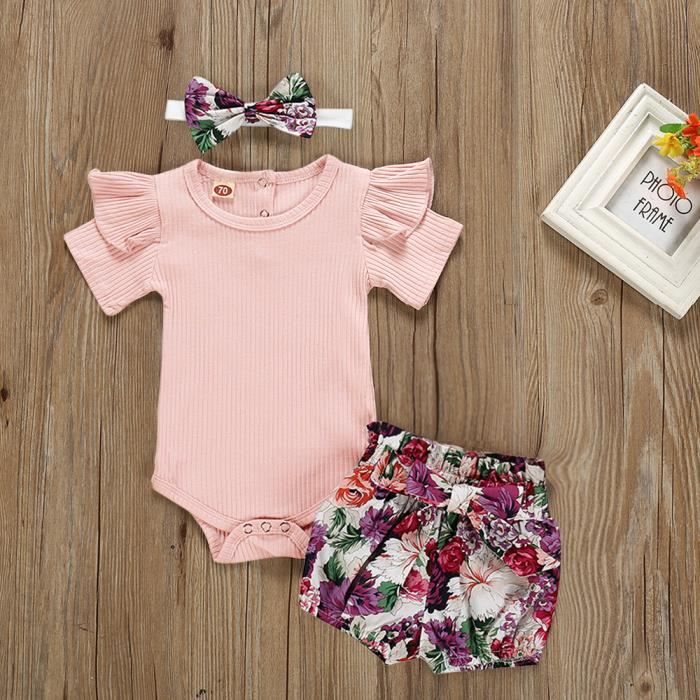 0-24 Mois 3 PCS Ensemble de Vêtements Bébé Fille : Body à Manches Courtes + Short Fleuri + Bandeau Cheveux