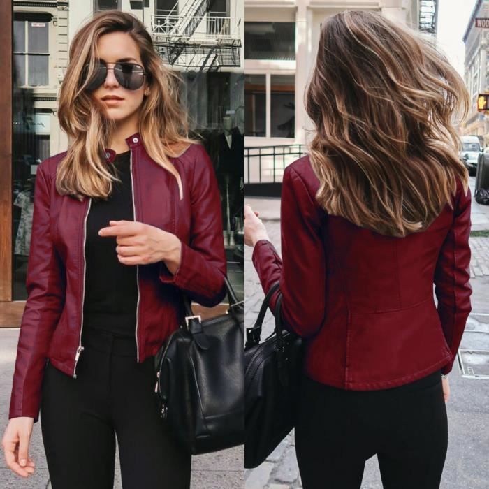 ECELEN manteau blouson cuir PU pour femme avec fermeture clair