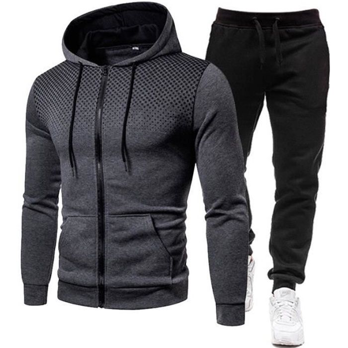 Survêtement Jogging Hommes Manches Longues Grande Taille Deux Pièces Zipper Veste + Pantalon Gris