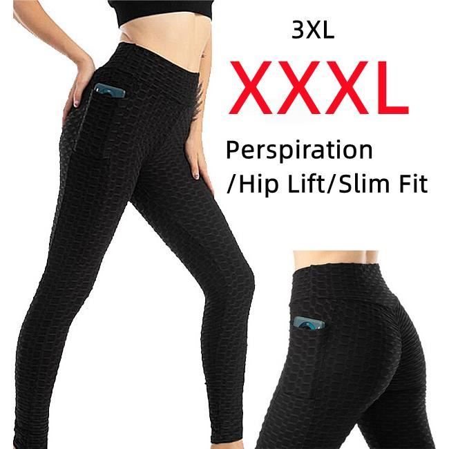 Legging de Sudation Femme Taille Haute a Nid d Abeille Noir Fitness Poches 3XL