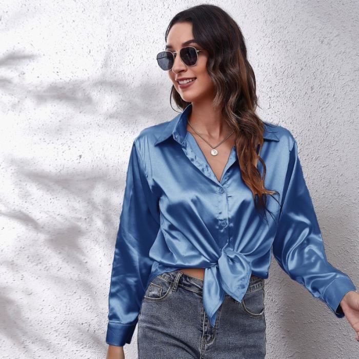 Chemise bleu top satin femme
