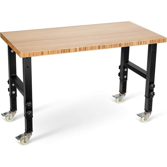 RELAX4LIFE Établi de Travail en Bambou avec Roulettes Freinables - Hauteur Réglable 77-101cm, Table Charge 500KG pour Garage/Atelier
