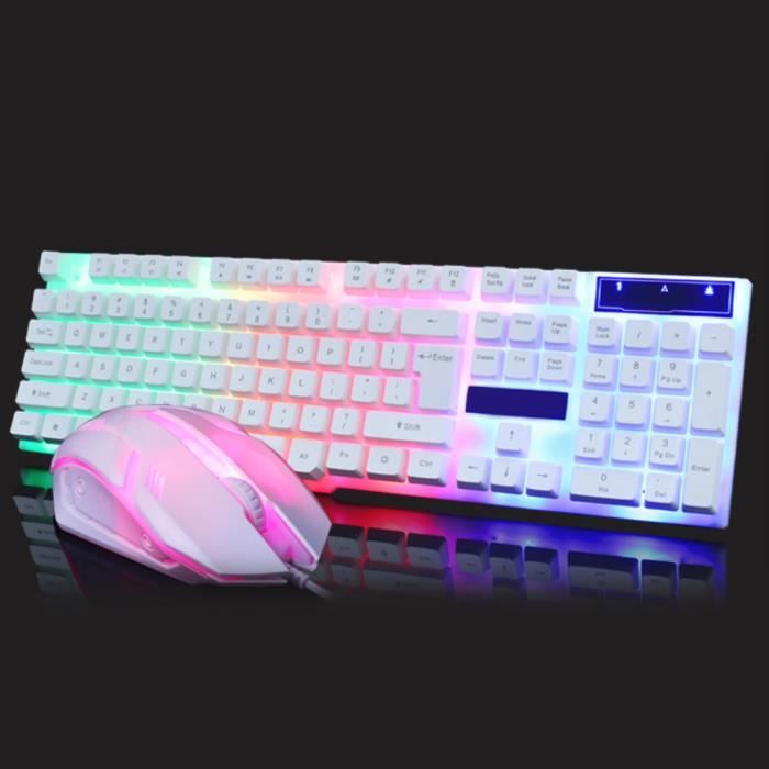 Ensemble clavier et souris USB – SALALIS – Clavier de jeu blanc – Éclairage LED – Ergonomique – 104 touches
