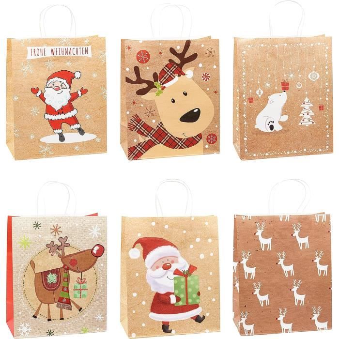 Lot De 12 Sacs Cadeaux En Papier Kraft Pour Noël - Motifs Père Noël Et Bonhommes De Neige - Dimensions 26x21x10 Cm, Avec Poignées