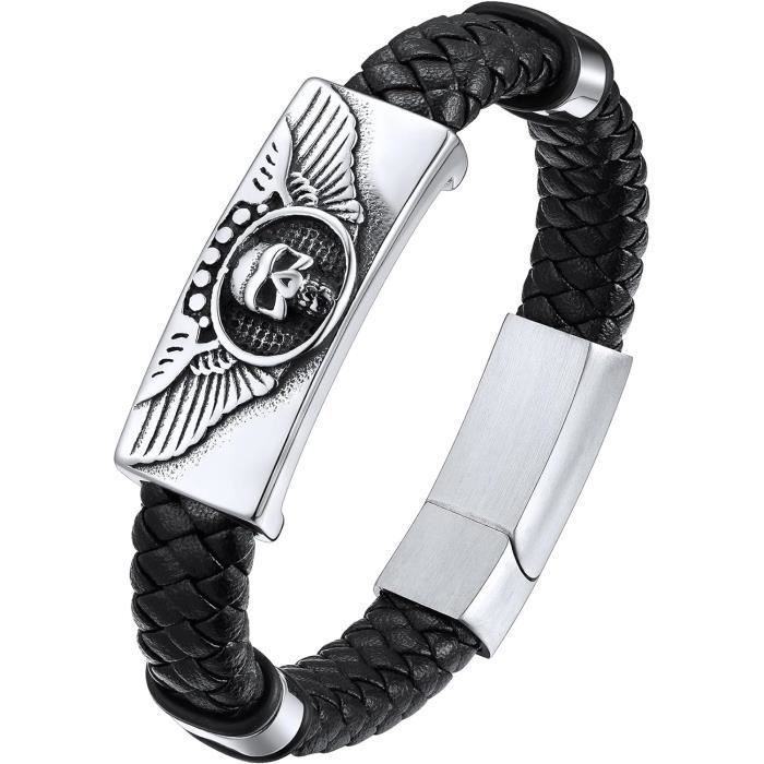 Bracelet Cuir Tête De Mort Démon - Noir - Longueur 21.5 Cm - Marque CLJ Charles Le Jeune - Neuf Avec étiquettes