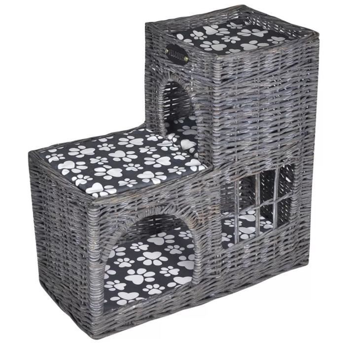 Comparer les prix de Niche pour chat - Château - Saule - Gris - 55 x 27 x 53 cm - Confortable et léger
