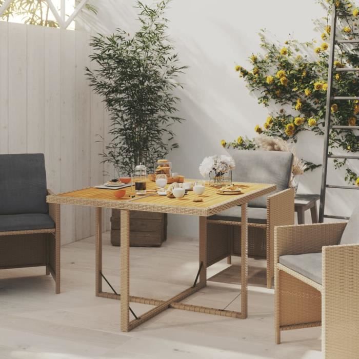 table de jardin beige 109x107x74 cm résine tressée bois massif - yosoo - dx1289