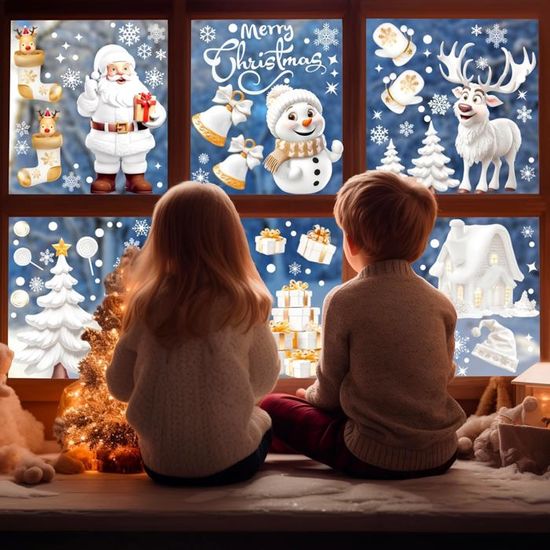 Autocollants De Noël Pour Fenêtres - 9 Feuilles Avec Motifs 3D (Père Noël, Bonhomme De Neige, Flocons…)