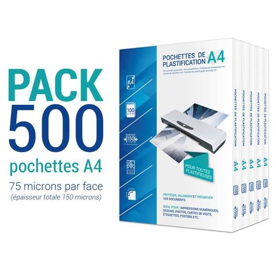 500 pochettes de plastification A4 2x75 microns par Face soit 150