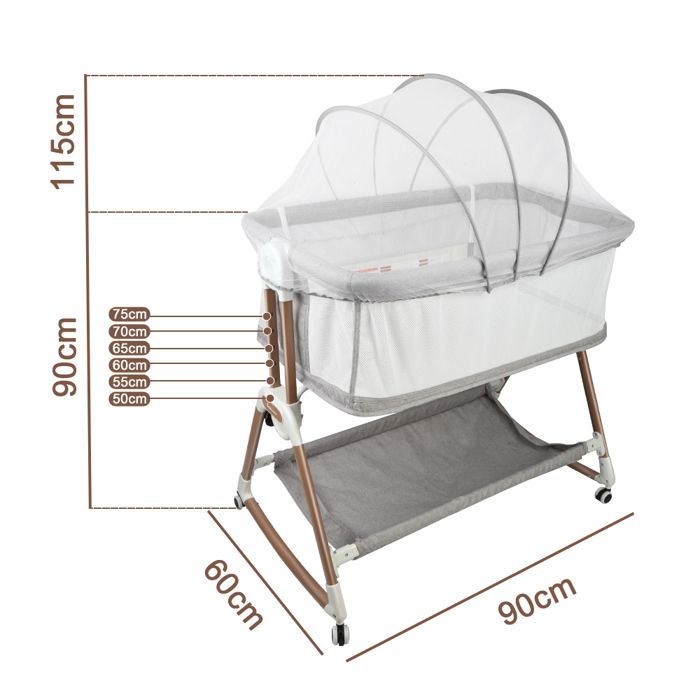 Lit Bébé 2en1 Berceau Cododo Pliable Avec Matelas Et Moustiquaire - Gris 92x58x70-90cm