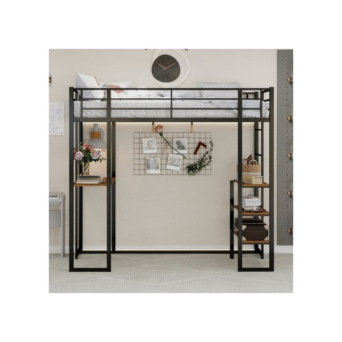 Lit Mezzanine 200 x 90 cm avec Bureau Lit Surélevé avec LED Station de Charge et Rangement & Garde-corps de Sécurité et Échelle Noir/Argent Lit Mezzanine 200 x 90 cm avec Bureau Lit Surélevé avec LED Station de Charge et Rangement & Garde-corps de Sécurité et Échelle Noir/Argent