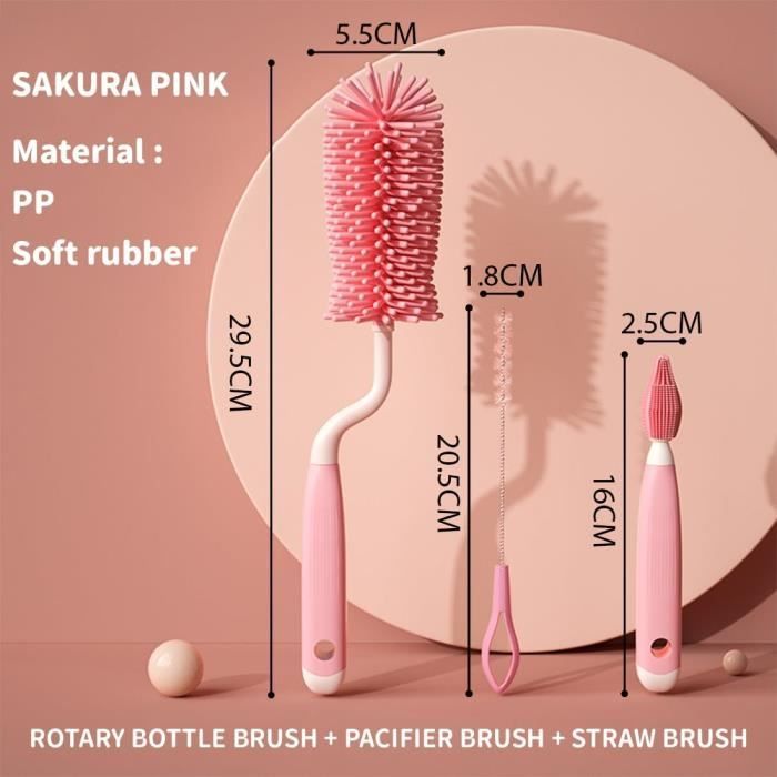 Kit Nettoyage Biberon 3 En 1 Silicone - Goupillon Longue Portée, Brosse Tétine Et Paille, Rose