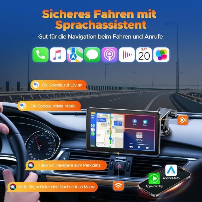 Écran Voiture Portable CarPlay & Android Auto Sans Fil 6,86 Pouces - Connexion Bluetooth 5.0, Assistant Vocal, GPS, Musique - Compatible La Plupart Des Véhicules