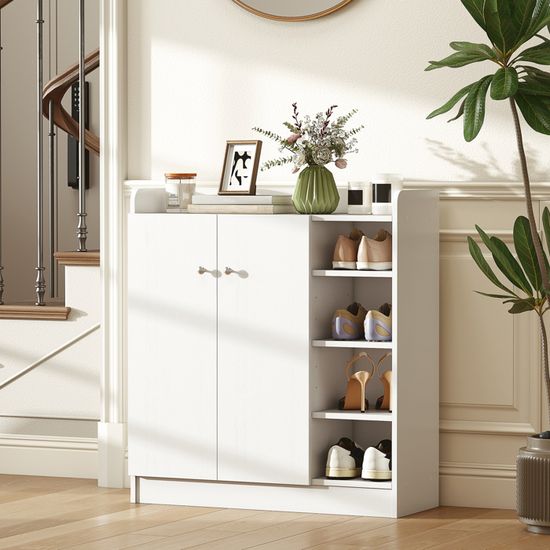 Armoire à Chaussures HOMCOM 4 Compartiments - Meuble Rangement Entrée Blanc 83x30x90cm