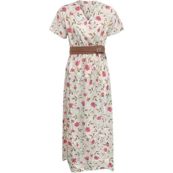 Robe Longue Femme Été Bohème - Imprimé Fleuri - Col V - Manches Courtes - Confection Polyester - Style Vintage