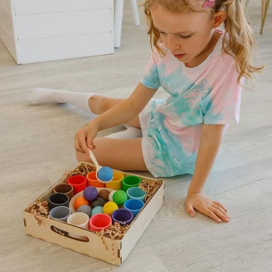 Montessori Spielzeug Ab 1 Jahr – 7 Bälle In Holzbechern, Farbsortierset Mit Schale & Löffel, Feinmotorik-Spielzeug Aus Holz