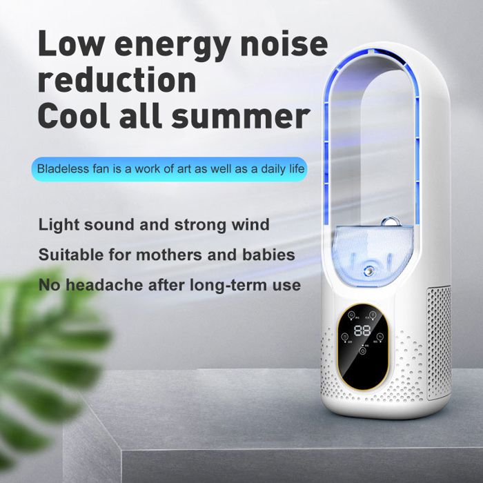 Ventilateur USB Sans Pales Avec Humidificateur – 6 Vitesses, LED 7 Couleurs – Silencieux, Minuterie – Pour Bureau, Chambre – Blanc/bleu