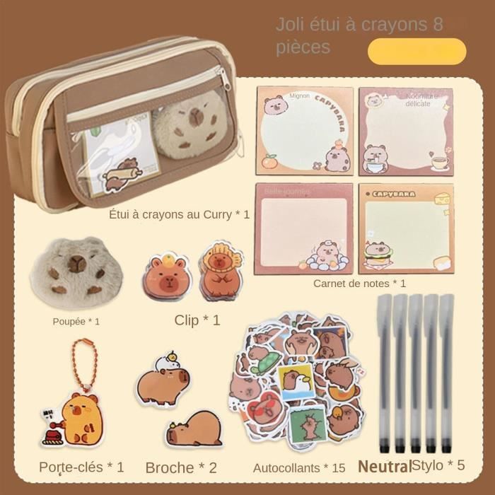 Trousse Scolaire Capybara Kawaii Avec 2 Peluches Broches - Grande Capacité 21,5x12,5x8,5 Cm - 1