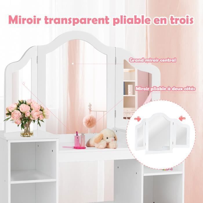 COSTWAY Coiffeuse Enfant 2 En 1 Princesse - Miroir Lapin, Tabouret & Rangement - Rose