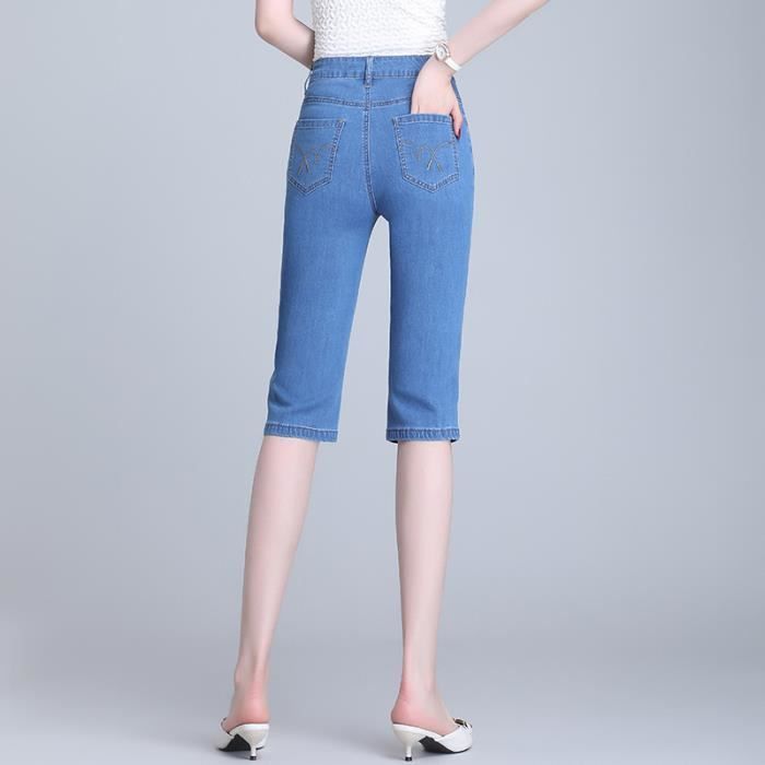 Pantacourt en Jean Femme Taille Haute Extensible Coupe Droite Tissu Comfortable Fermeture Eclair Stretch Bleu clair Cdiscount Pret a Porter