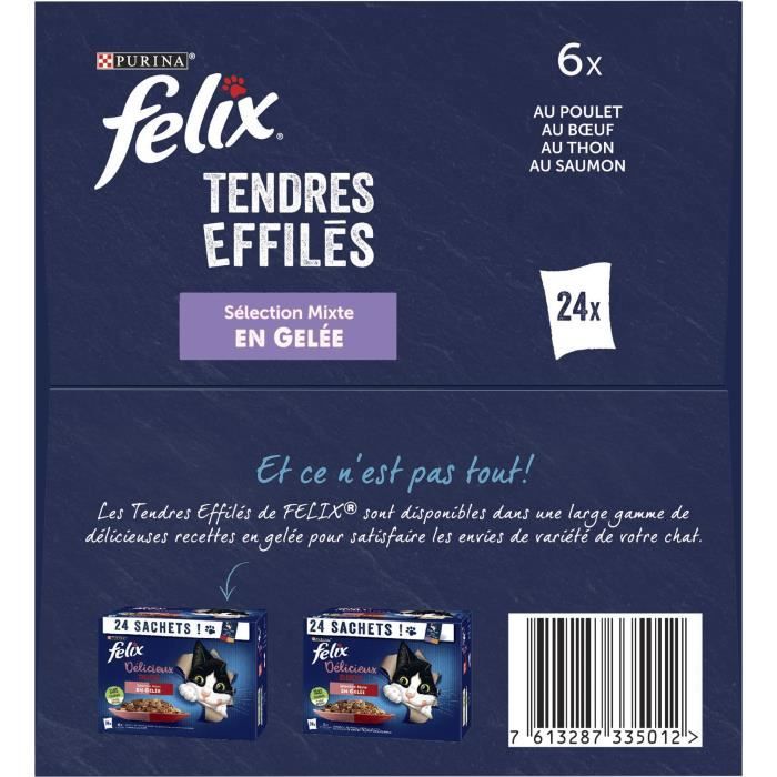 FELIX Tendres Effilés en Gelée Délicieux Duos Viandes Poissons pour chat  adulte 24 sachets