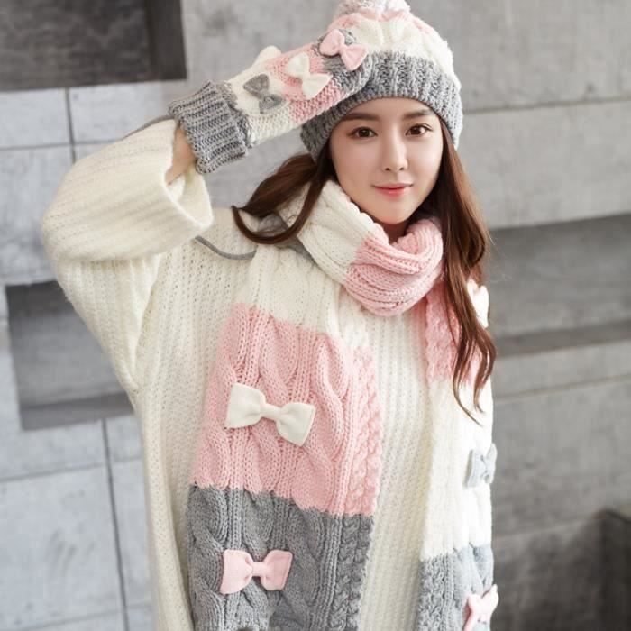 Bonnet Rayé Rose Et Violet Pour Femme - Laine Mélangée - Style Hiver Douillet