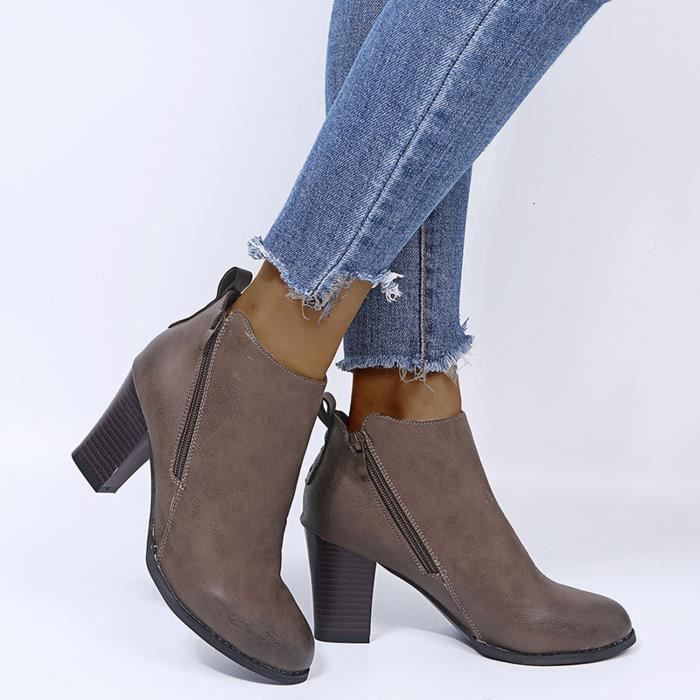 Bottines Retro en Cuir a Talons Epais Kaki Talon Carre Femme Kaki Cdiscount Chaussures
