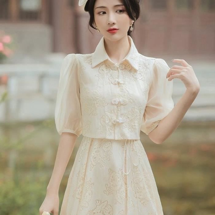 Robe Robe mi longue Vintage a bretelles Spaghetti Slim taille haute avec boucle veste a manches courtes Top pour Blanc Cdiscount Pret a Porter