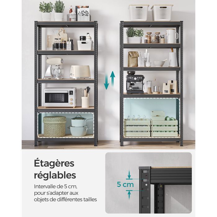 Étagère Modulaire THINIA HOME - 5 étagères Réglables, 180x40x40 Cm - Charge Max 175 Kg (35 Kg Par étagère)