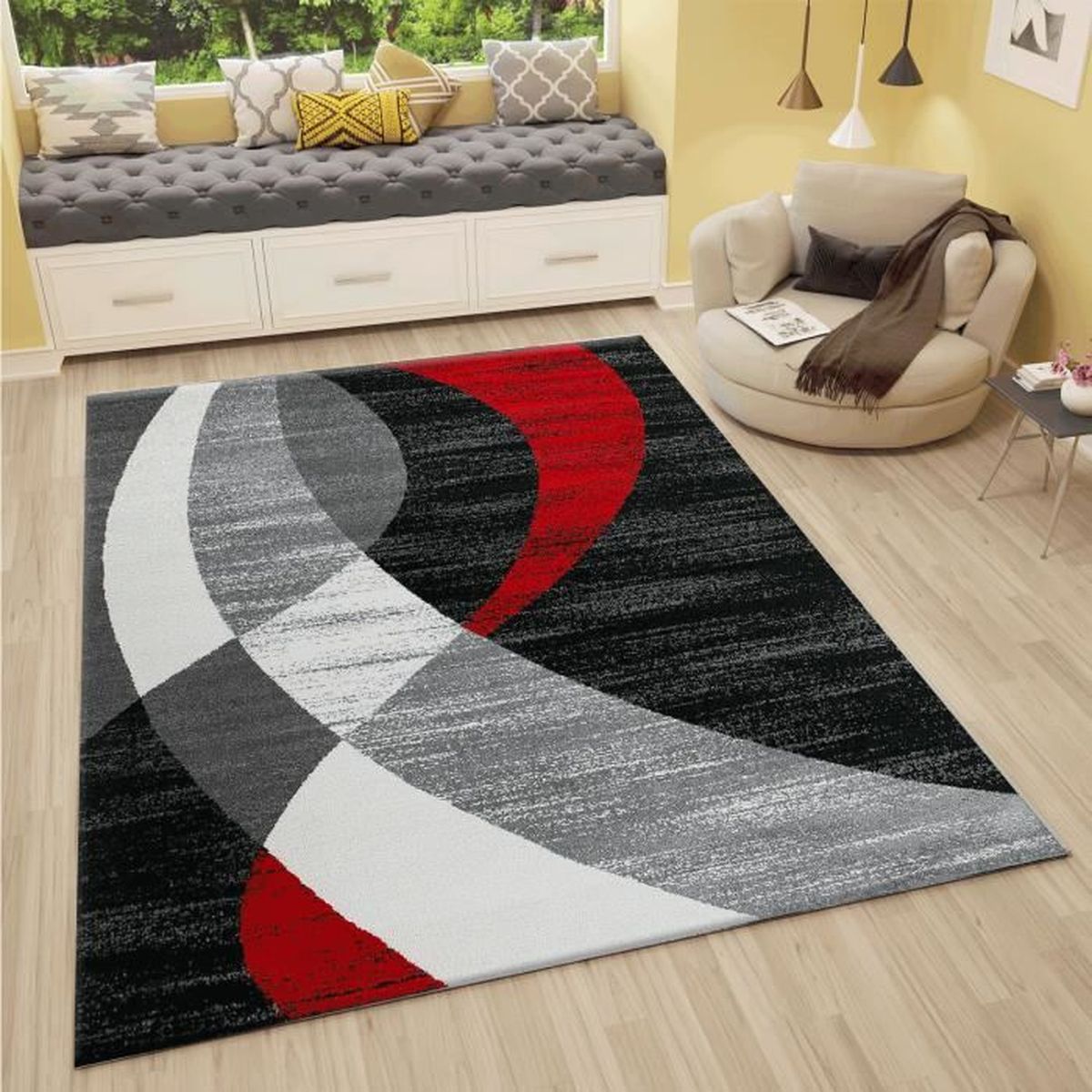  Tapis  moderne  80x150 cm rouge gris et noir lignes 