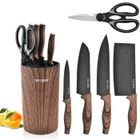 BAKLON 6PCS Set de Couteaux Professionnels,Couteau de cuisine en acier inoxydable outils avec Bloc en Bois,Porte-Couteau En Bois