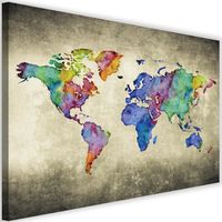 Impression sur toile Tableau Art Déco Canevas  Carte du monde multicolore Vintage  60x40