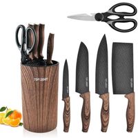6PCS Set de Couteaux Professionnels,Couteau de cuisine en acier inoxydable outils avec Bloc en Bois,Porte-Couteau En Bois