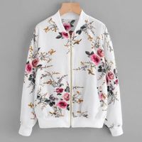 Funmoon    Femmes Rétro impression florale Fermeture eclaire Bomber Jacket Outwear Casual Coat blanc