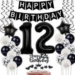 BOUGIE ANNIVERSAIRE Noir Blanc Ballons 12e anniversaire Décoration,Anniversaire 12 ans garçon fille Décoration de gâteau 12 anniversaire garçon.[Q3129]