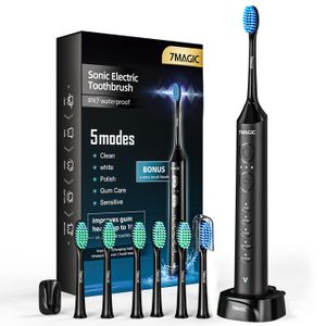 BROSSE A DENTS ÉLEC Brosse à dents électrique rechargeable sans fil 5 modes brosse à dents sonic - 3 intensités - Avec 6 têtes de rechange - Noir