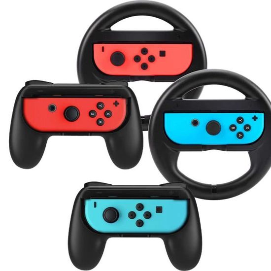 2 Grips Manettes et 2 Grips Volants noirs pour Joy-Con Nintendo Switch/OLED  - Support écran OFFERT - Idéal pour jouer en multijoueur et en déplacement