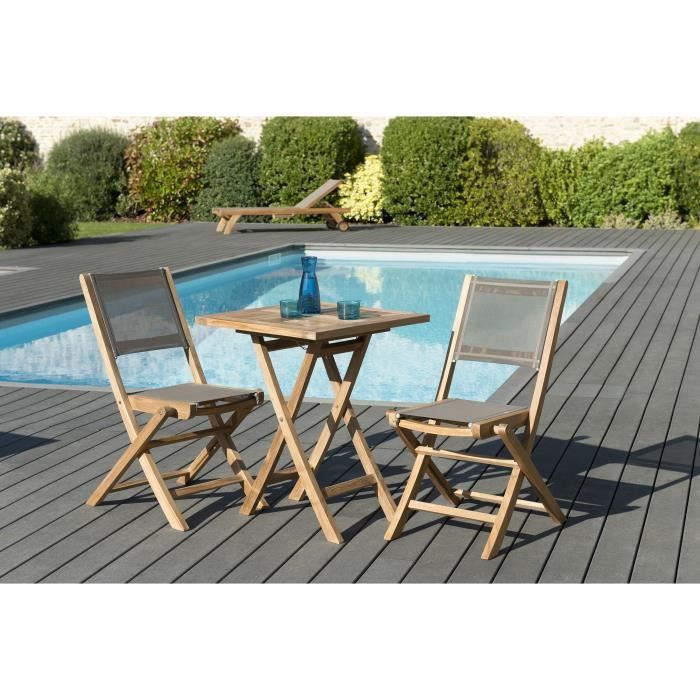 Ensemble de jardin en teck : 1 table carrée pliante 60 x 60 cm - Lot de 2 chaises pliantes en textilène, couleur taupe JARDITECK