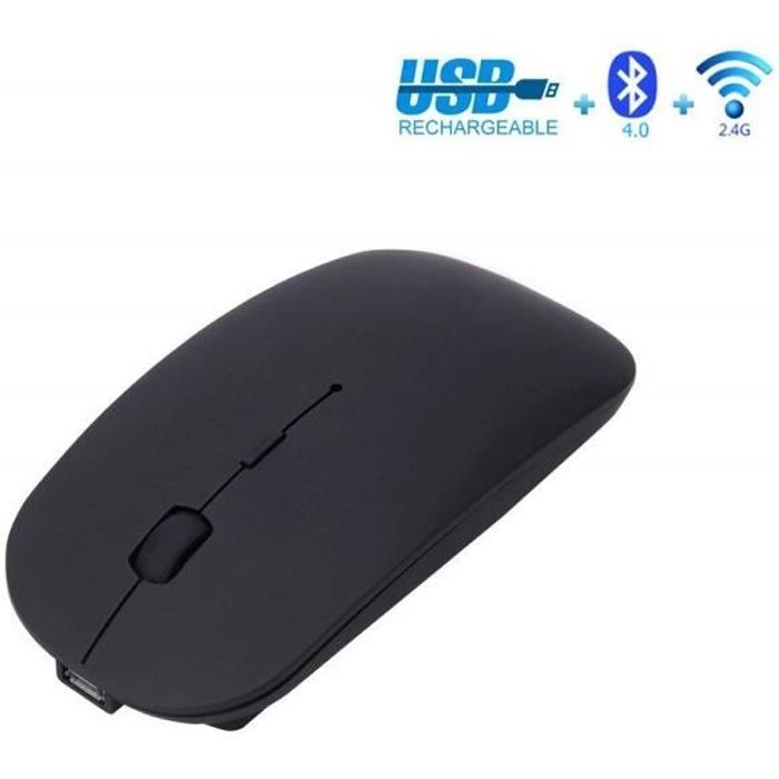Souris sans fil 2,4 GHz et Bluetooth, Souris sans fil rechargeable double mode avec Silent Click silencieux Compatible avec PC, ordi