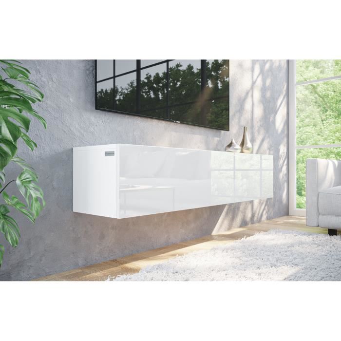 Meuble TV suspendu Meuble de salon 140 cm flottant blanc mat / blanc brillant