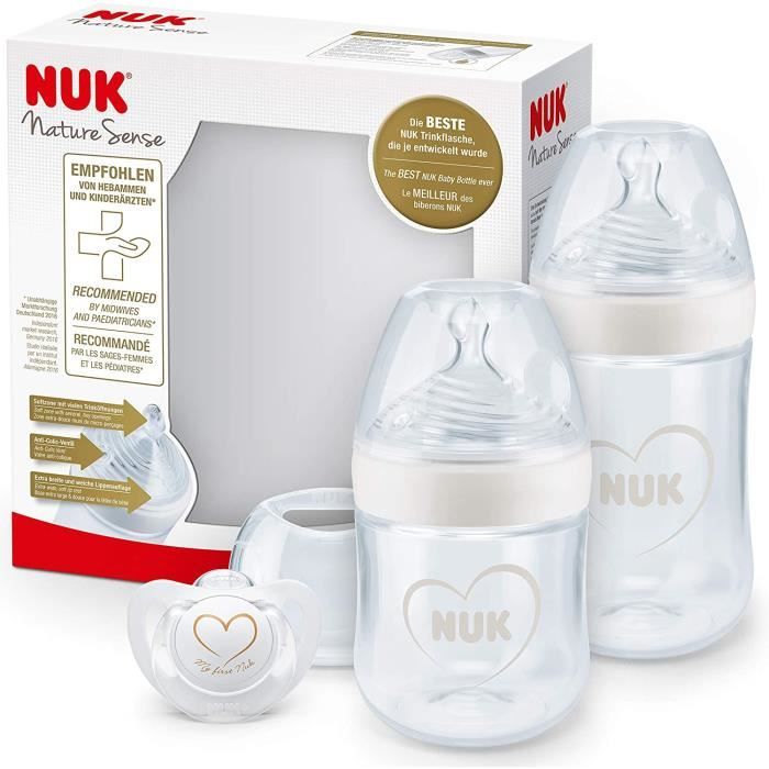 NUK Nature Sense set de biberons - 0-18 mois - 2 biberons anti-coliques et 1 tétine Genius - Sans BPA - blanc (cœur) - 3 unités