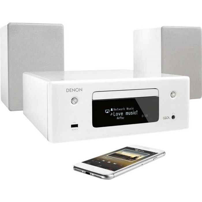 Chaà®ne stéréo Denon CEOL N-10 Air-Play, AUX, Bluetooth, CD, LAN, USB, FM, WiFi, fonction mains libres 2 x 65 W blanc