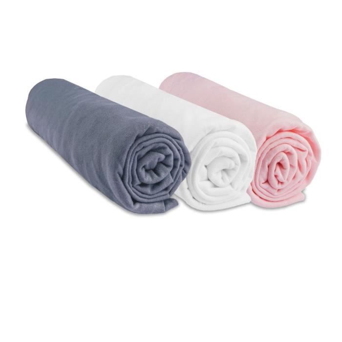 Lot de 3 draps housse coton 70x140 gris blanc rose