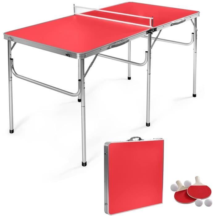 GOPLUS Table de Ping Pong Pliable avec 2 Balles et 2 Raquettes, Idéal pour Extérieur et Intérieur,152,4x76,2x76,2CM Rouge