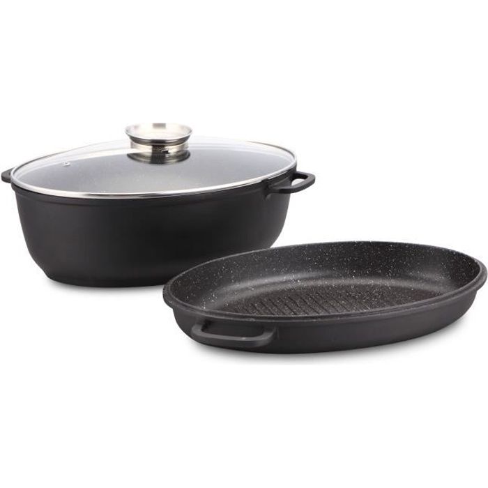 2 En 1 Grande Cocotte Mijouteuse Sauteuse Ovale Induction Compatible Tous Types Feux 38x25cm