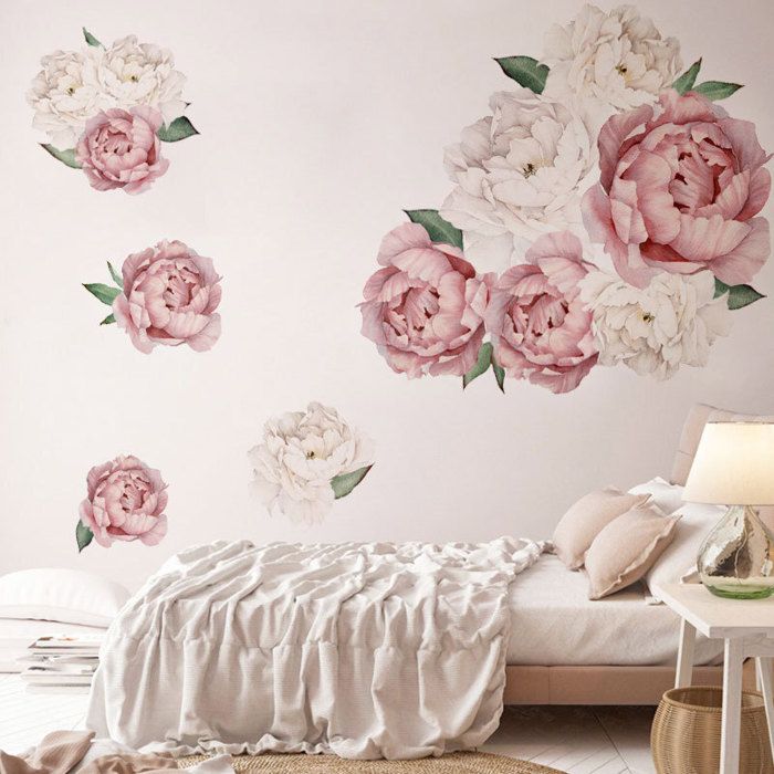 Stickers muraux Pivoine rose/beige autocollant sticker mural fleurs ...